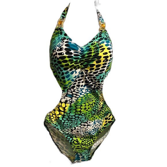 La Moda Swim XL NWT Monokini Cut Out Halter One-Piece Animal Print Rhinestones - Picture 2 of 8